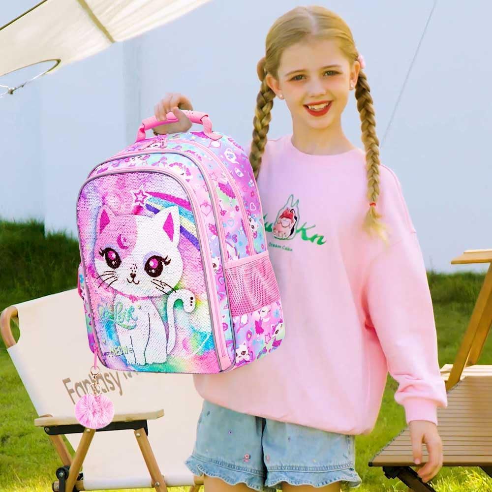 UFNDC 3PCS Girls Backpack, 16”Kids Cat Sequin Bookbag with Lunch Box, Water Resistant School Bag