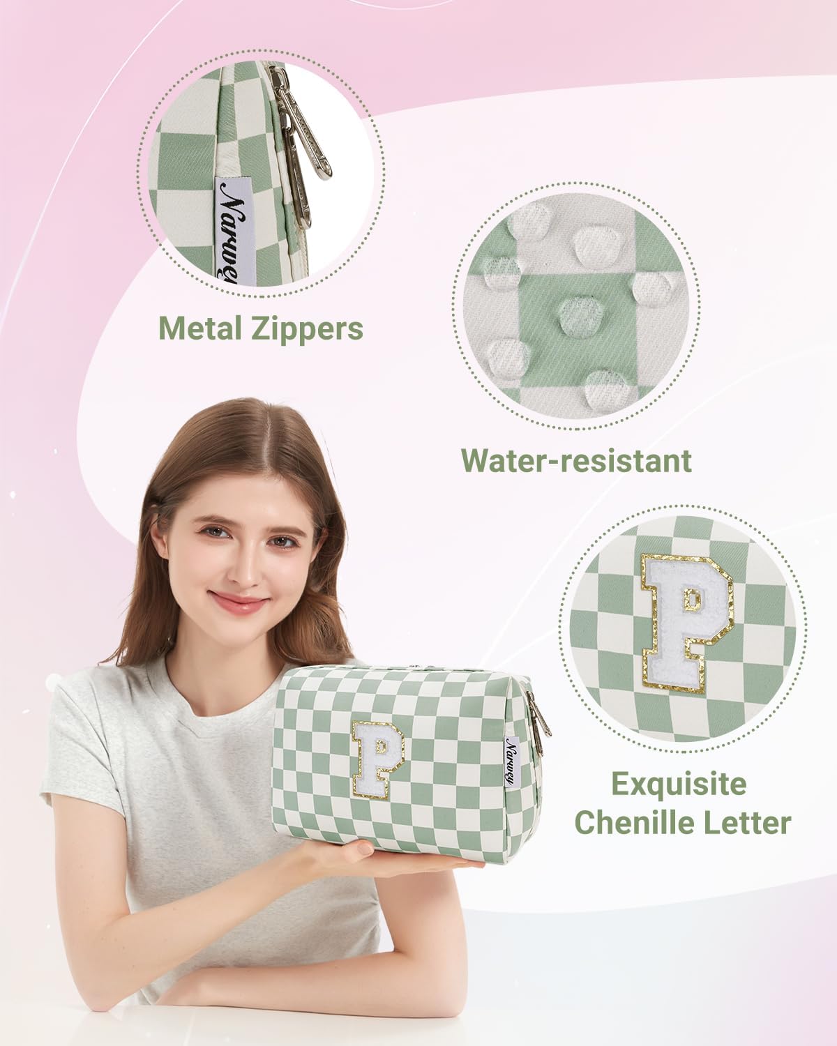 Narwey Personalized Initial Makeup Bag Toiletry Bag Gifts for Women Girls Large Checkered Makeup Bag Zipper Pouch Travel Cosmetic Bag Organizer for Women (Mint Green Checkerboard Letter P)