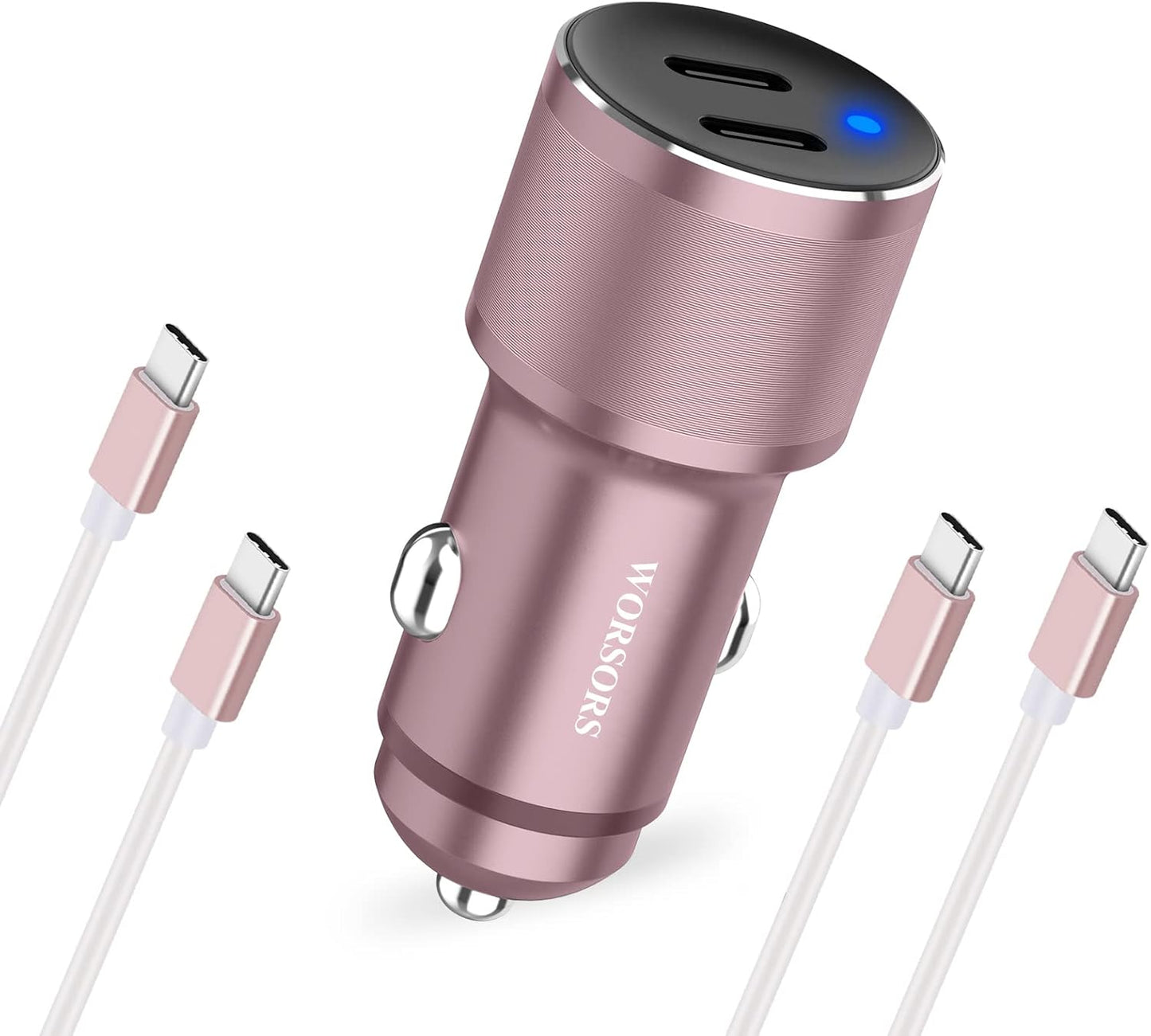 Dual 45W USB C Car Charger, 90W Max Super Fast Charging, All Metal 12V Cigarette Lighter Adapter for iPhone 17 Pro Max/16/15/iPad, Samsung Galaxy S25/S24, Google Phones with 2 Type C Cable 3.3ft Pink