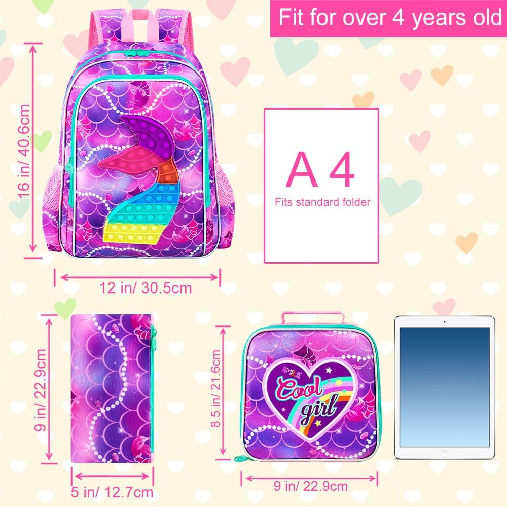 AGSDON 3PCS Mermaid Backpack for Girls, 16" Kids Backpacks Water Resistant with Lunch Box, Bookbag for Elementary Preschool