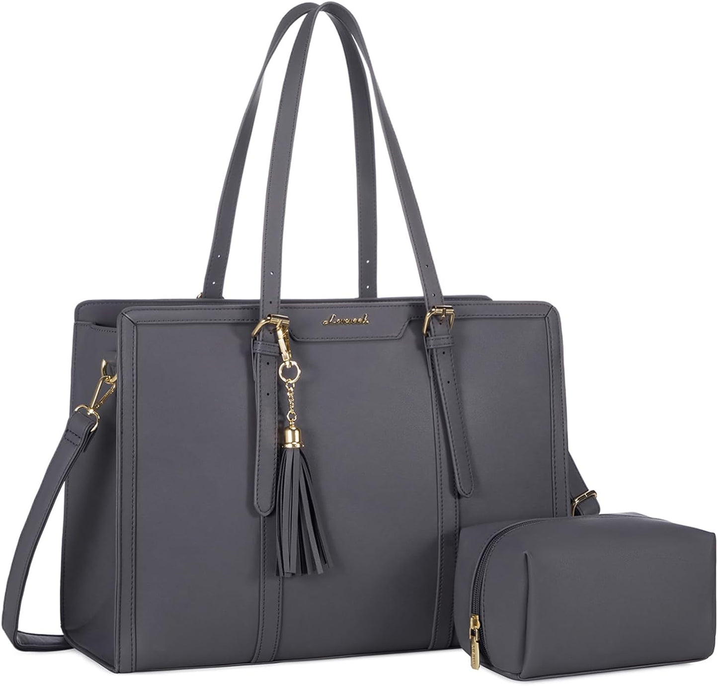 LOVEVOOK Laptop Bag for Women 15.6 inch Lightweight Leather Laptop Tote Bag, Large Capacity Computer bag with Clutch Purse for Business, Work, Office, Travel, School（Midnight Grey，15.6 Inch）