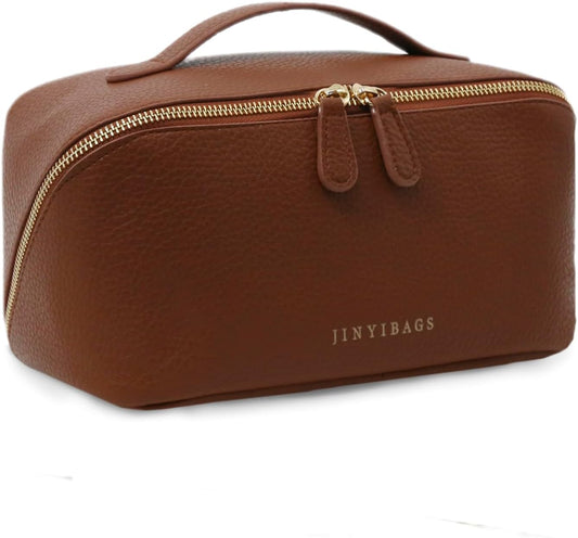 Travel Makeup Bag – Large Cosmetic Organizer with Waterproof PU Leather, Smooth Double Zipper & Tear-Resistant Lining, Toiletry Pouch for Women (Brown)