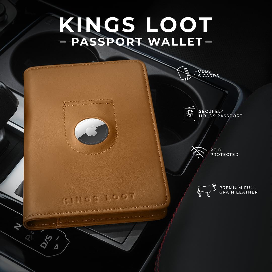 Kings Loot Passport Holder Wallet – RFID Blocking Leather Travel Wallet with Built-in Airtag Holder – Holds 1-6 Cards & Passport – Easy Pull Tab – Slim & Stylish Wallets (Cognac)
