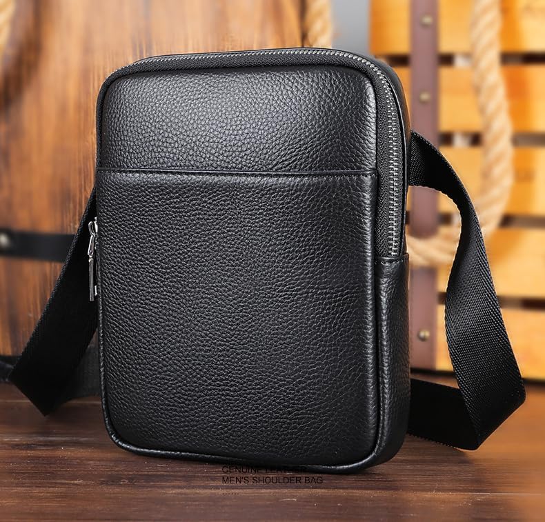 Men's Small Genuine Leather Messenger Bag Multi-Pocket Zipper Shoulder Bag Compact Mini Crossbody