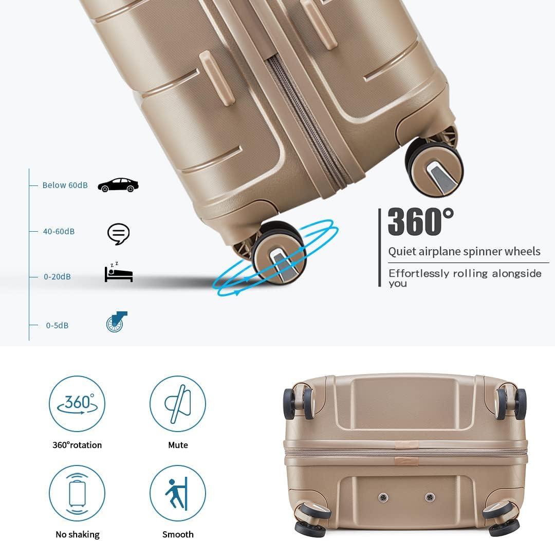 Somago Luggage Sets 3 Piece Hard Shell Polypropylene Suitcase with TSA Lock Spinner Carry On Luggage with Beauty Case Travel Set,Noble Golden