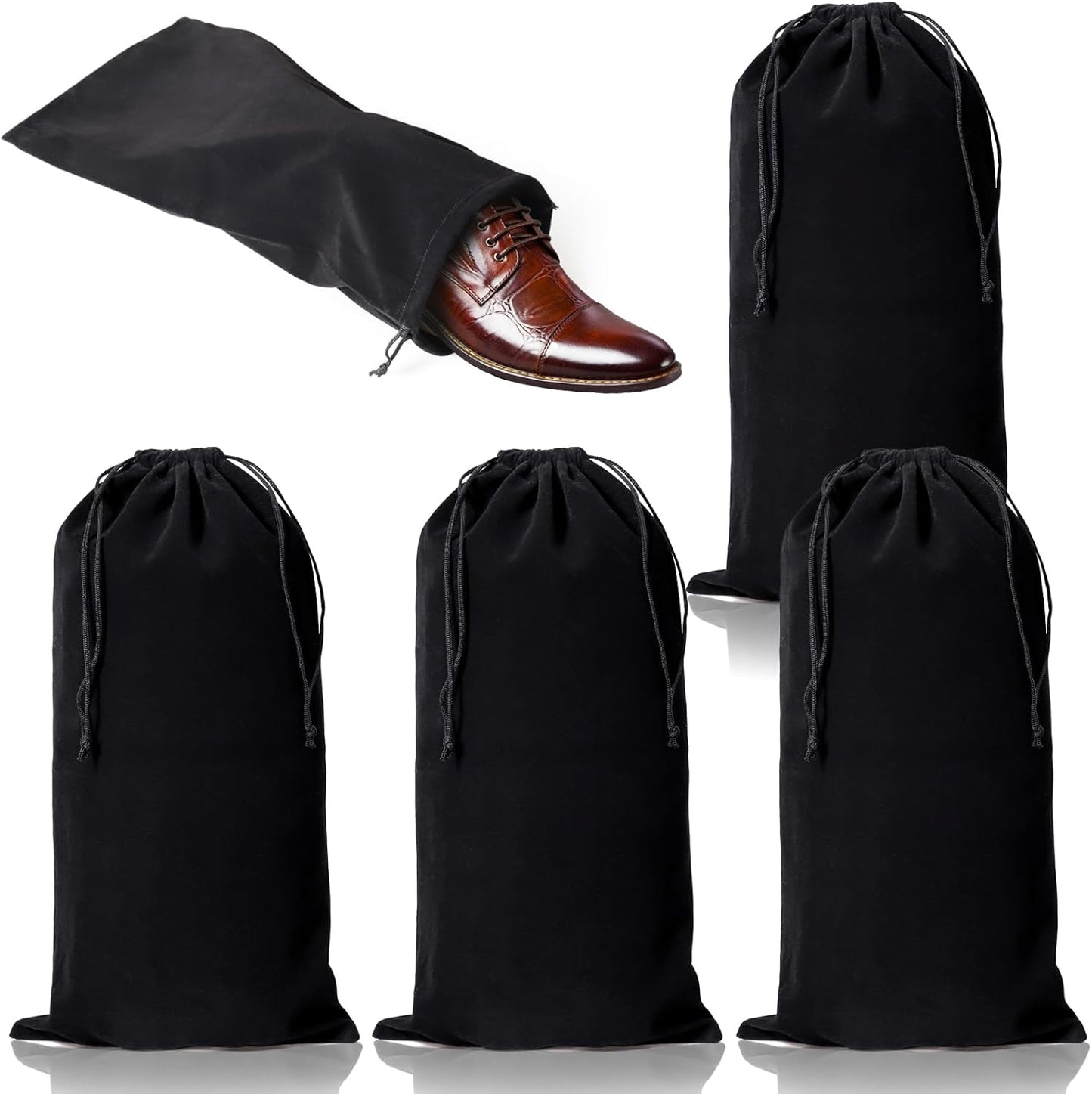 hoe Dust Bags, 4 Pack Black Duster Flannel Single Shoe Pouch with Drawstring Closure, 8x17" Shoe Bags for Travel, Home, Luggage, Handbags, Accessories, Men, and Women