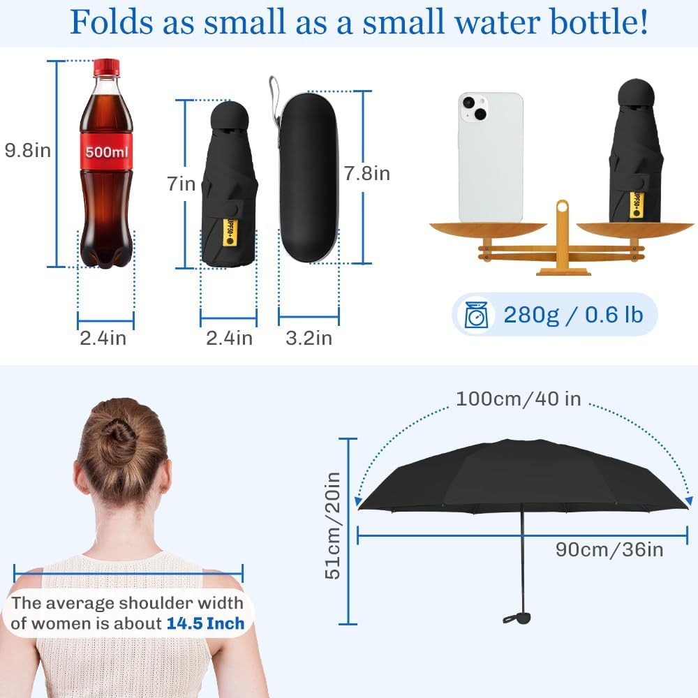 TOPSAIL Mini Umbrella Compact for Travel, UV Sun Protection(UPF50+), Waterproof for Light Rain, Suitable for Women & Kids With a Case, Manual Folding Small Pocket Size Ufor Backpack/Purse