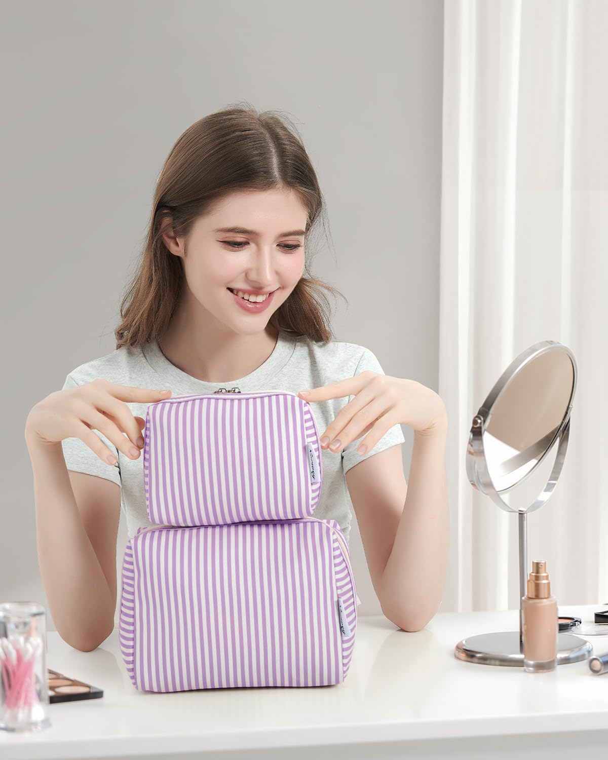 Narwey Small Striped Makeup Bag for Purse Mini Cosmetic Bag Travel Makeup Pouch Zipper Pouch Cute Make up Bags with Compartments for Women Girls (Purple Stripe, Small)