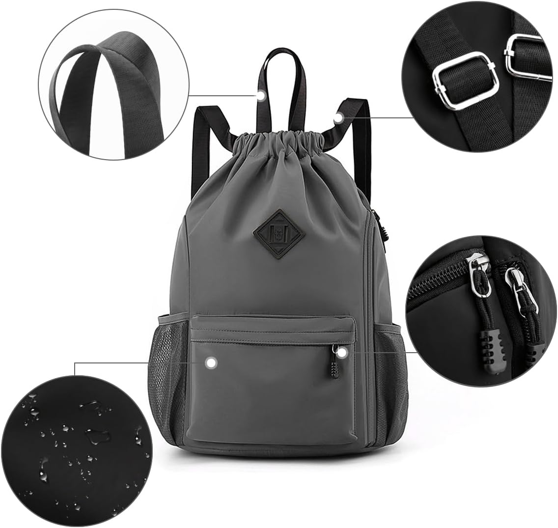 Valleycomfy Waterproof Drawstring Gym Backpack Bag for Men & Women,Sports Gym Bag with Side Pocket Dark Grey
