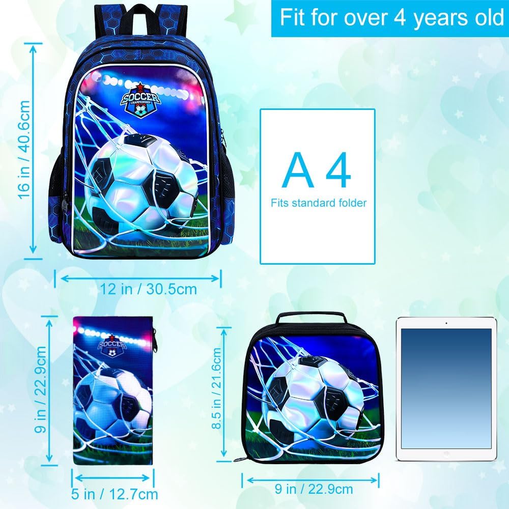 gxtvo 3PCS Soccer Backpack for Boys, 16" Kids Football Bookbag with Lunch Box, Water Resistant Elementary Preschool Toddler School Bag