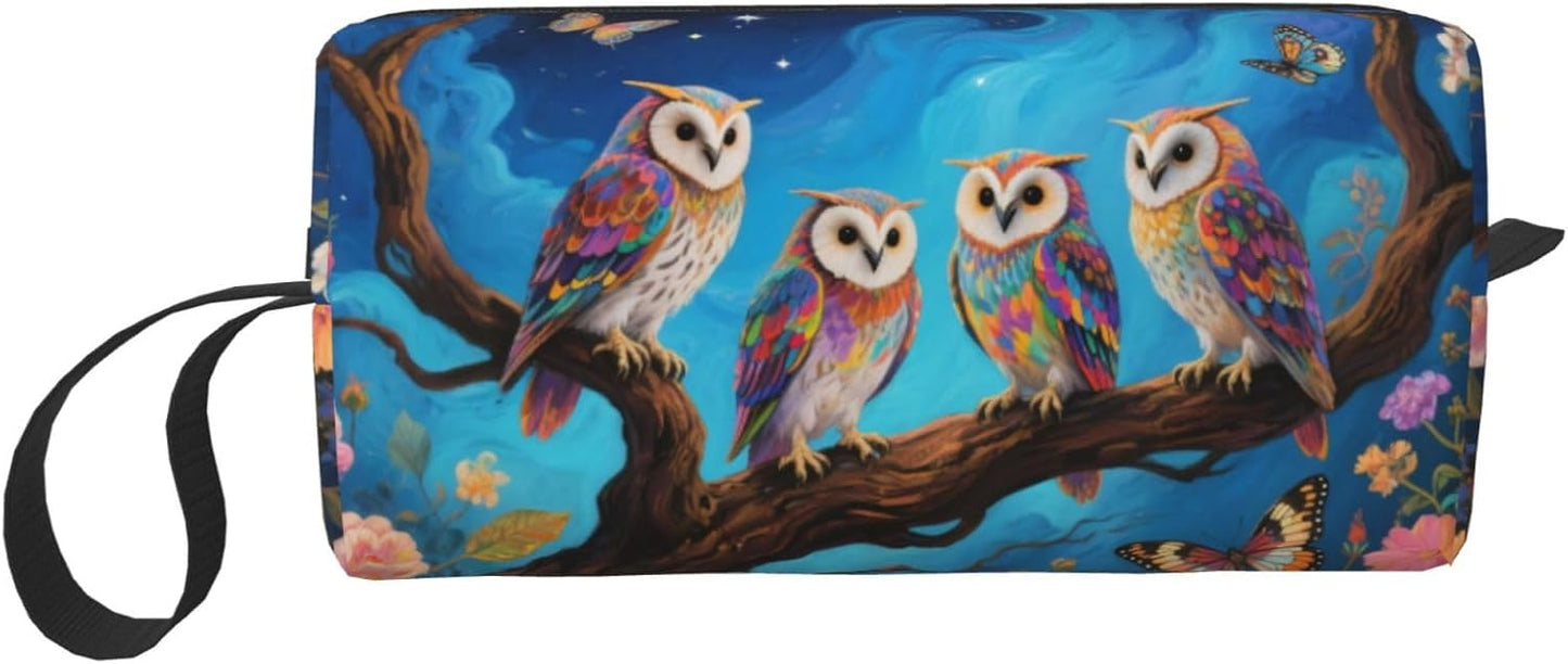 Whimsical Starry Night Owl Makeup Bag Small Compact & Durable Travel Cosmetic Bag Organizer Oxford