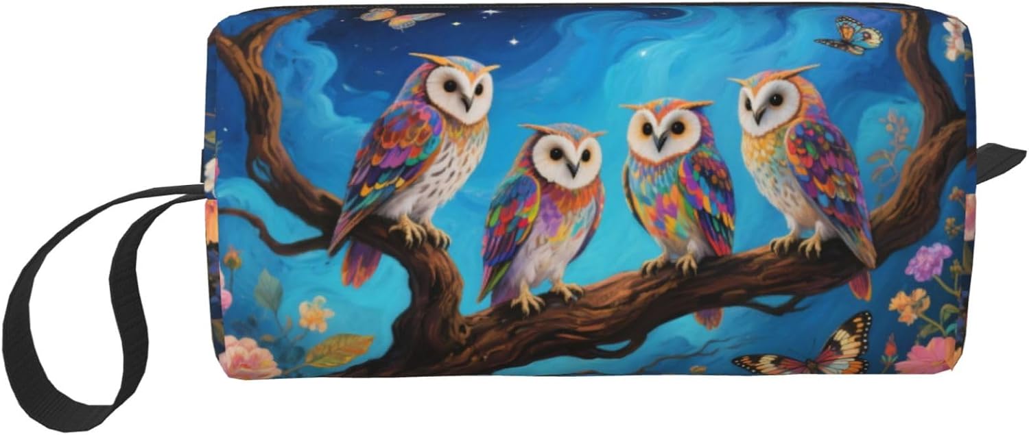 Whimsical Starry Night Owl Makeup Bag Small Compact & Durable Travel Cosmetic Bag Organizer Oxford