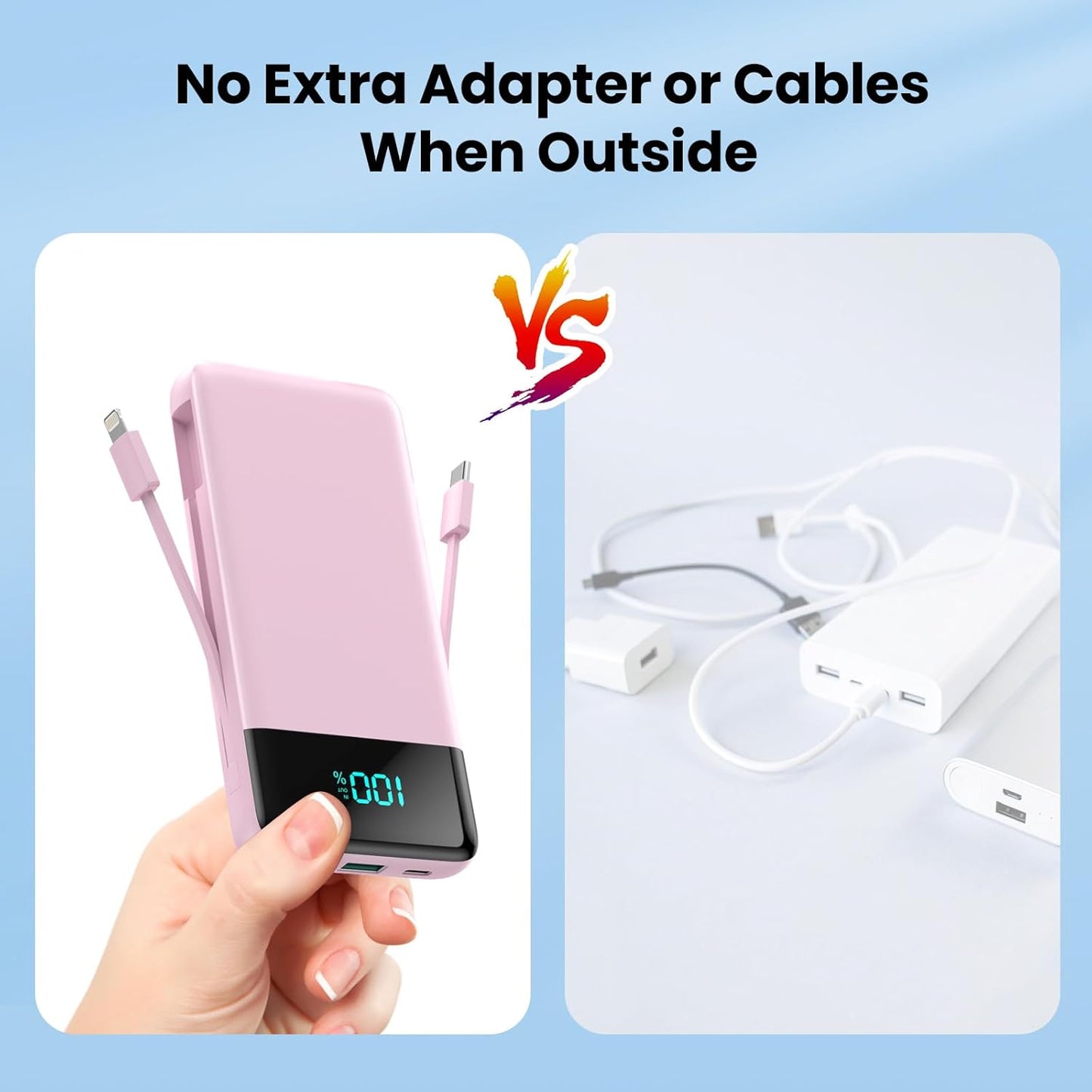 YHO Portable Charger 13800mAh for iPhone with Built-in Cables & AC Wall Plug,5-in-1 USB-C Power Bank,LCD Display External Battery Pack Phone Charger Compatible with iPhone 16/15/14,Android (Pink)