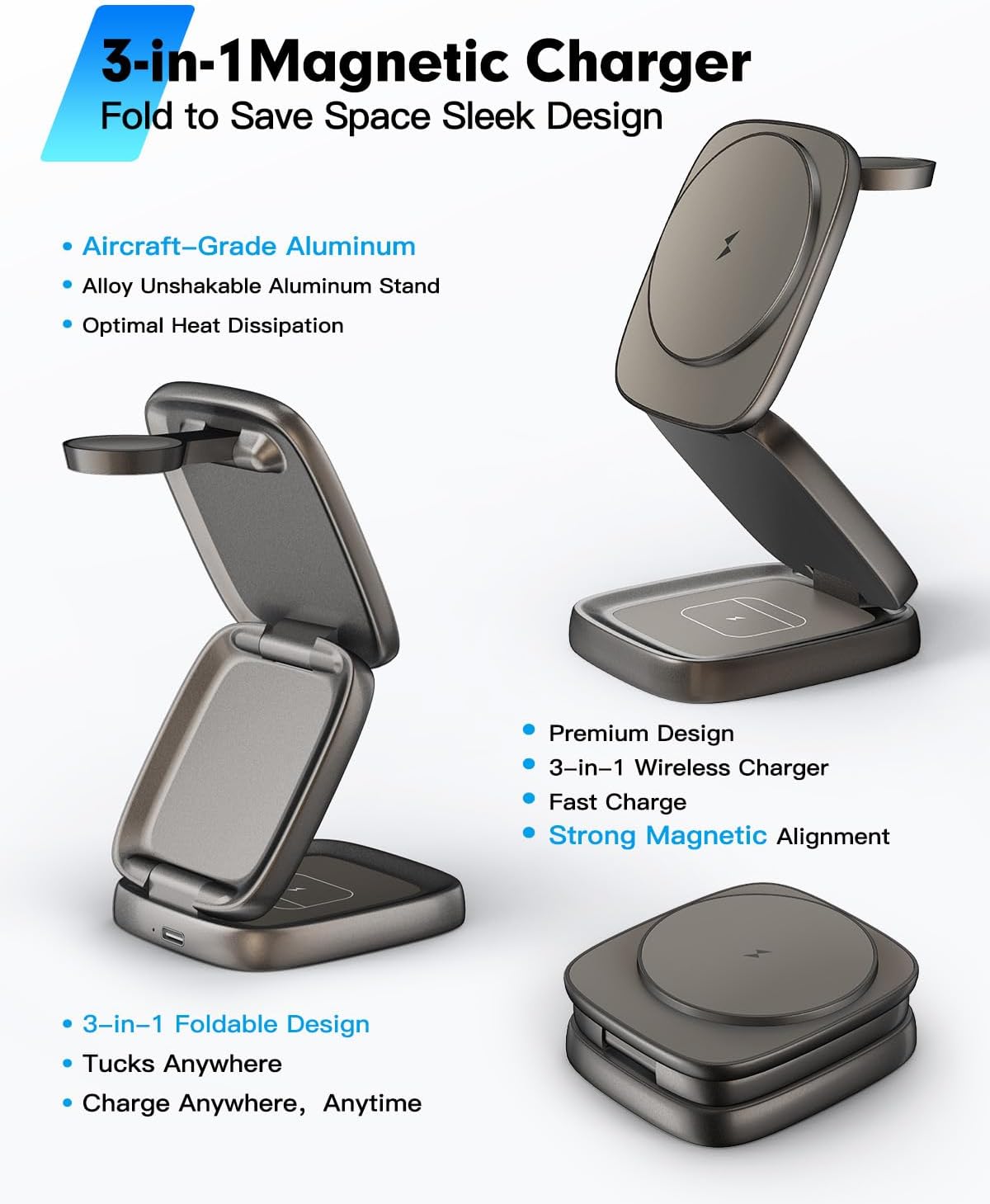Charging Station for Apple Multiple Devices - for 15W Mag-Safe Fast Charging All-Aluminum Foldable Magnetic Wireless Charger Dock for iPhone 17 16 15 14 13 12 & iWatch & Airpods (30W Adapter)