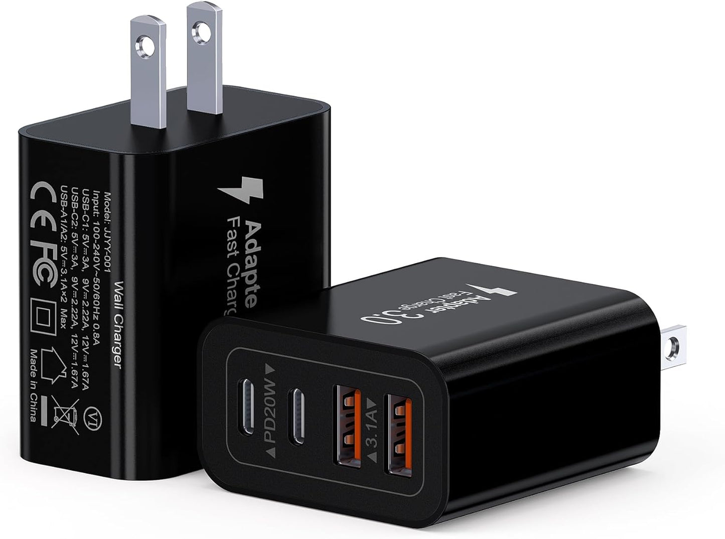 40W USB C Charger Block, 2-Pack 4-Port Type C Fast Charging Brick Dual PD&QC Wall Plug Adapter Power Brick for iPhone 13/14/15/16/17/Pro Max/Plus/iPad/Airpods/iwatch/Samsung Galaxy (Black)