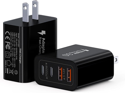 40W USB C Charger Block, 2-Pack 4-Port Type C Fast Charging Brick Dual PD&QC Wall Plug Adapter Power Brick for iPhone 13/14/15/16/17/Pro Max/Plus/iPad/Airpods/iwatch/Samsung Galaxy (Black)