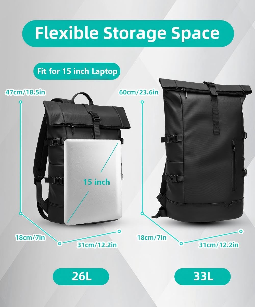GYakeog Rolltop Backpack Waterproof for Women & Men 33L Large Bike Backpack 15 inch Laptop Backpack
