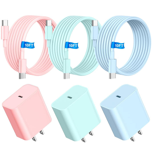 i Phone Charger Fast Charging, 3 Colors USB C Wall Charger, 10FT Fast Charging Cable + 20W USB C Charger Block, Compatible with i Phone 15 16 17 Pro/Max/Plus - Blue Green Pink