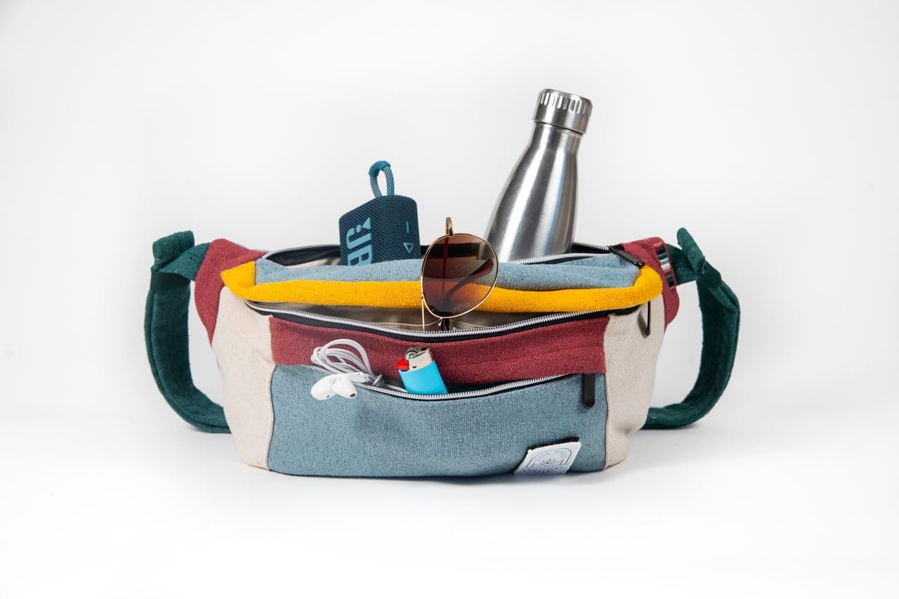Dime Bags Oversized Fanny Pack, 100% Nepali Hemp Crossbody Waist Bag for Men & Women, Adjustable Strap, Multiple Pockets, Eco-Friendly Festival & Travel Bag, Boho & Neutral Colors, Reveller(Boho Blue)