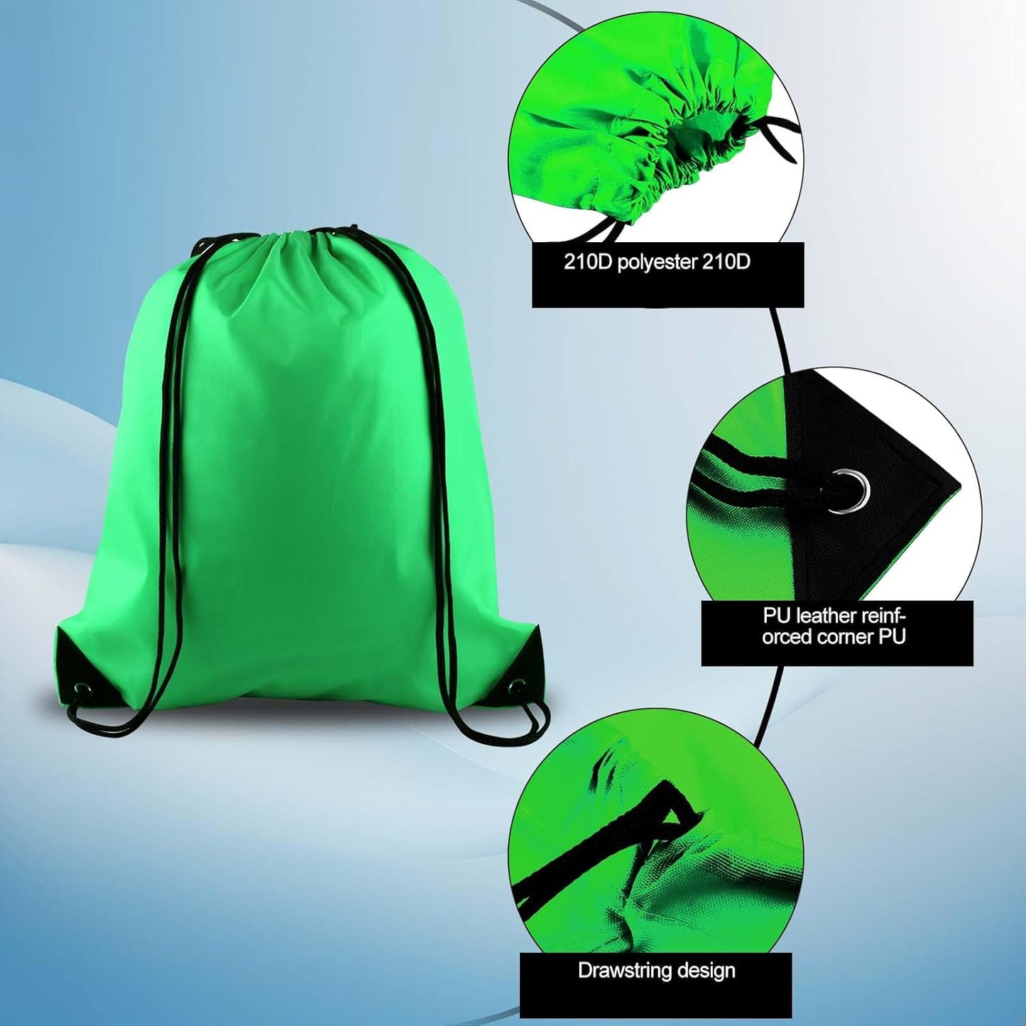 PLULON 15 Pcs Green Drawstring Bags Drawstring Backpack Bulk, String Backpack Cinch Sack Sport Gym