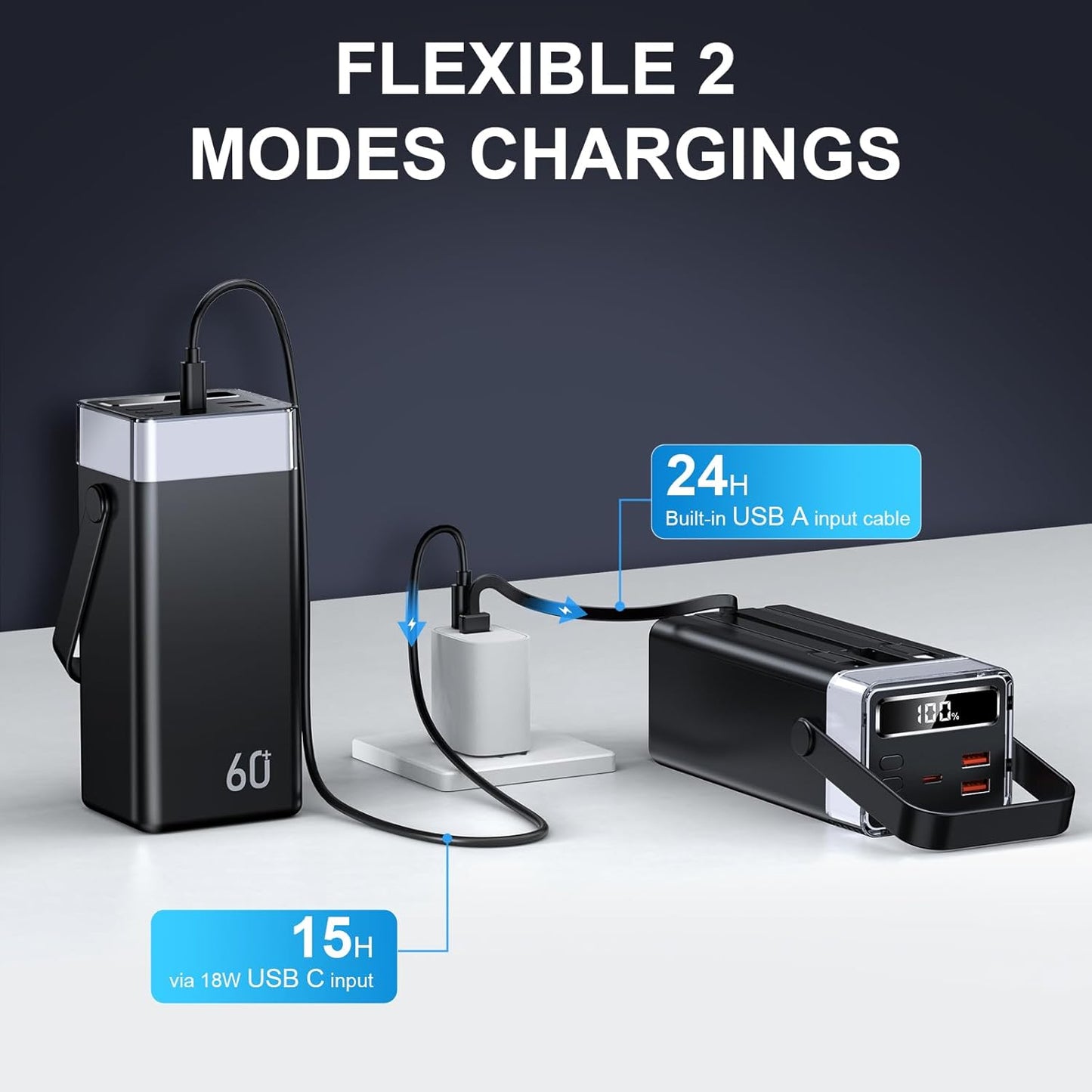Power Bank 60000mAh 22.5W Fast-Charging Portable Charger with Built-in Cables for iPhone 16/15/14/13, Xiaomi, Travel Camping Outdoor