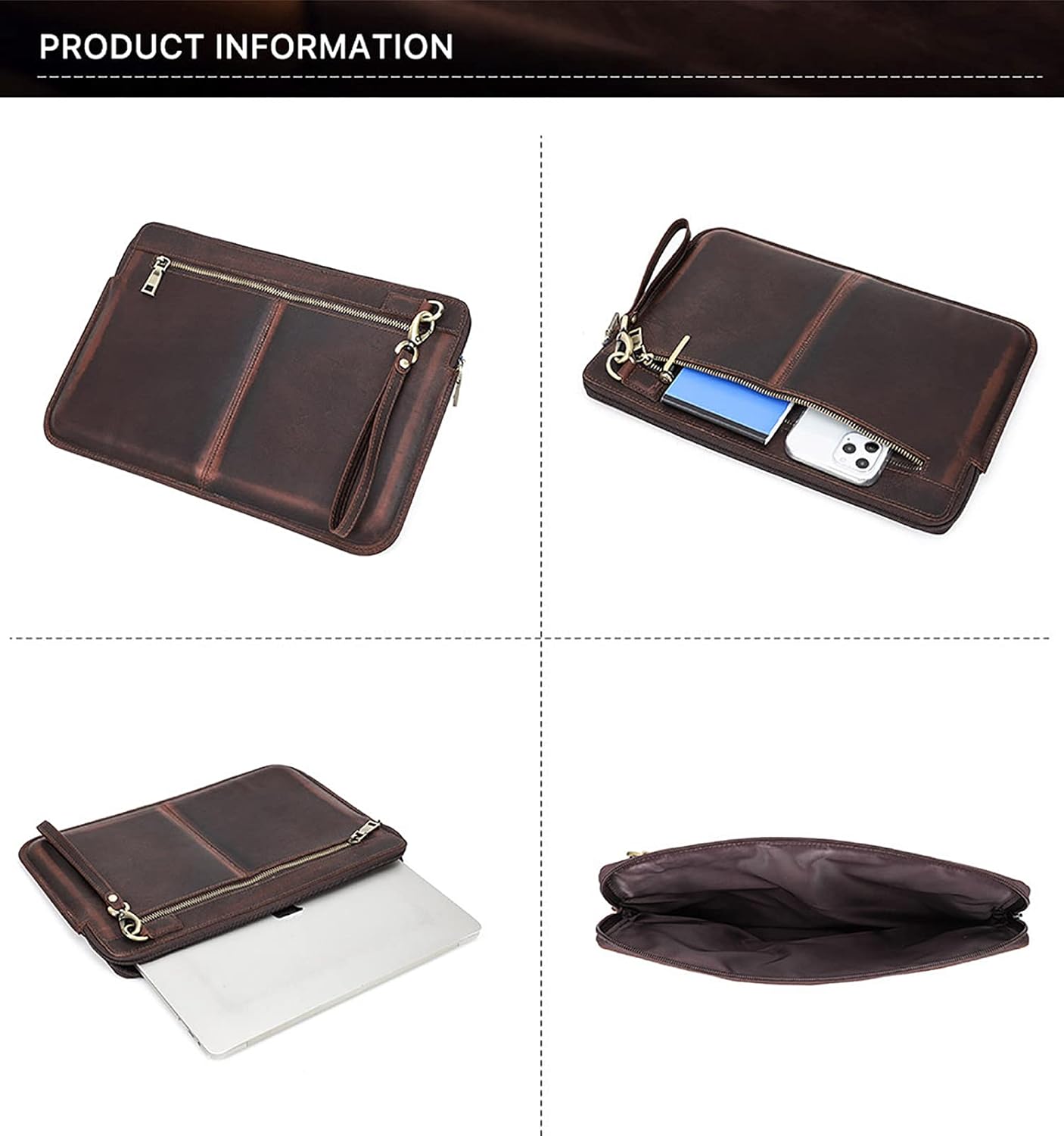 Top Grain Leather 13.3" Slim Laptop Sleeve Case Bag, Vintage Design with 2 Zip Pocket, Handmade, Compatible with MacBook Pro 13.3" MacBook Air 2022 DELL XPS 13" & Other PC, Coffee 13.3 Inch