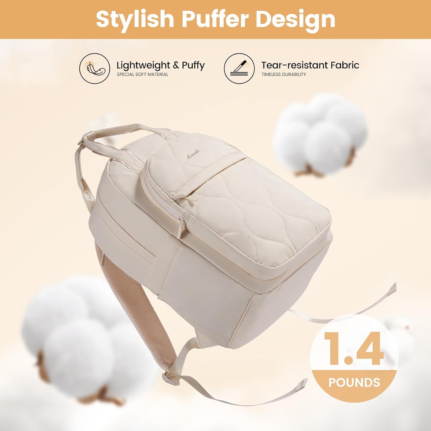 LOVEVOOK Laptop Backpack for Women, College Travel Backpack Puffer Womens Backpack for 17.3 Inch Laptop, Water-Resistant Quilted Casual Daypack, Beige