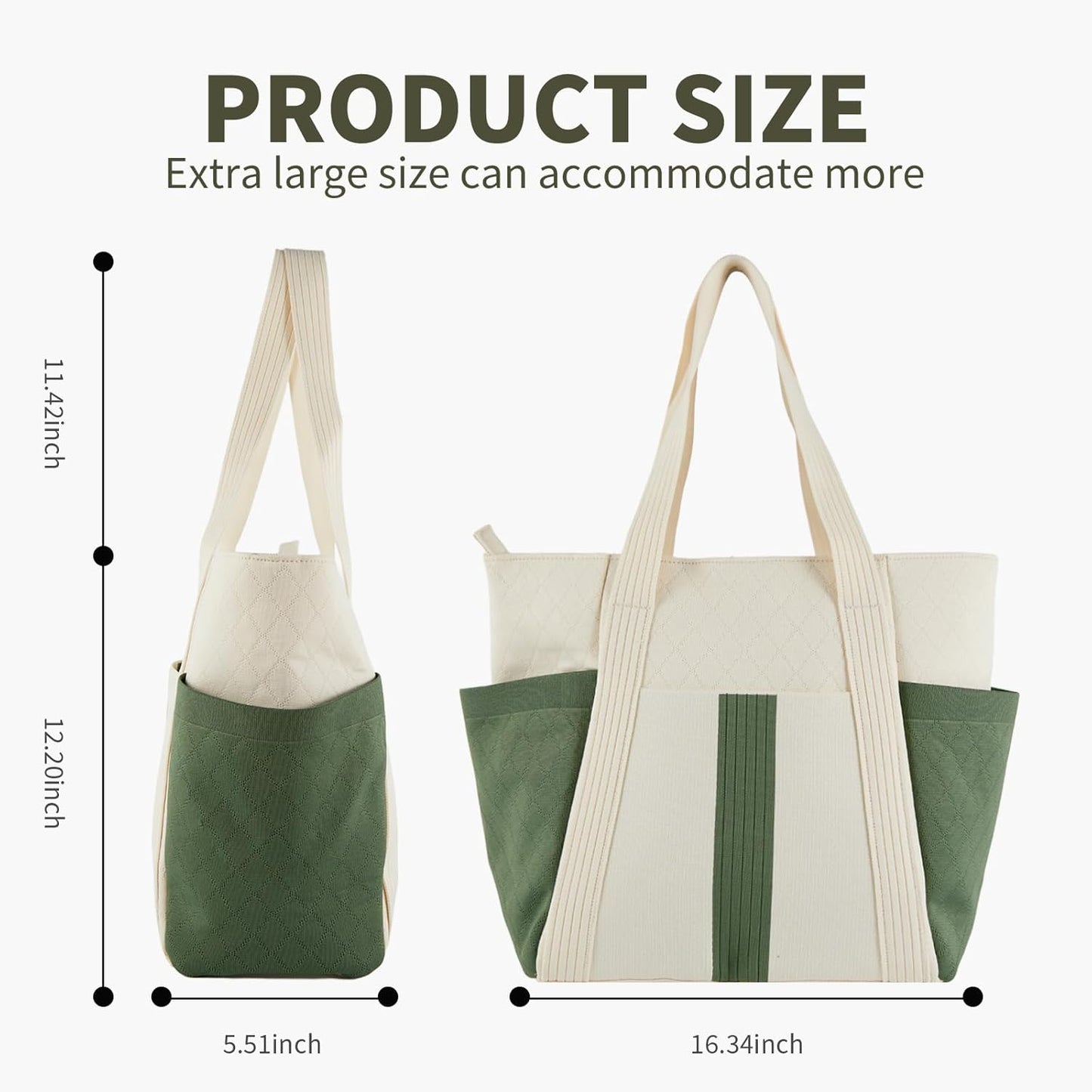 Large Canvas Tote Bag,White and Green, with Laptop Sleeve and Multiple Pockets