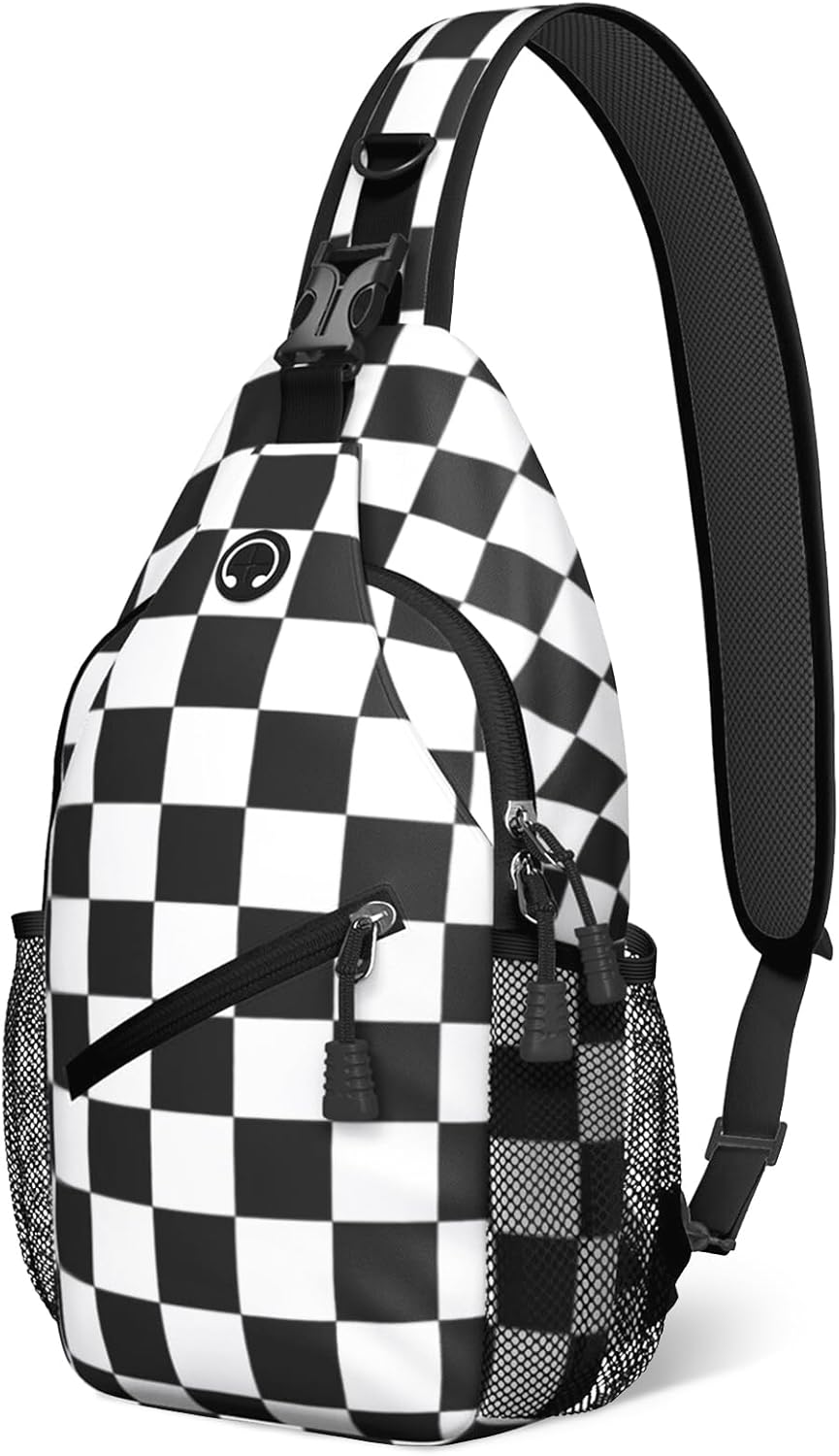 Black White Checkered Sling Bag Crossbody Chest Bag for Women Men, Water Resistant Lightweight Casual Crossbody Bag with Adjustable Strap, Travel Hiking Daypack Shoulder Backpack