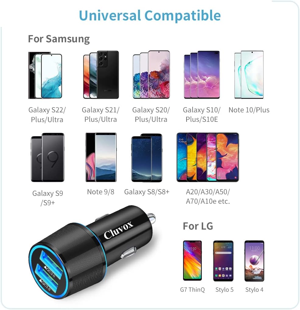 Fast USB Car Charger for Samsung Galaxy A55/A54/A53/A50/A15/A14/S25/S24/S23/S22/S21 Plus/Ultra/S10/S9/S8/Note 20/A10S/A21/A31/A51 Quick Charge 3.0 Dual USB Rapid Car Charger with Type C Cable 3.3ft