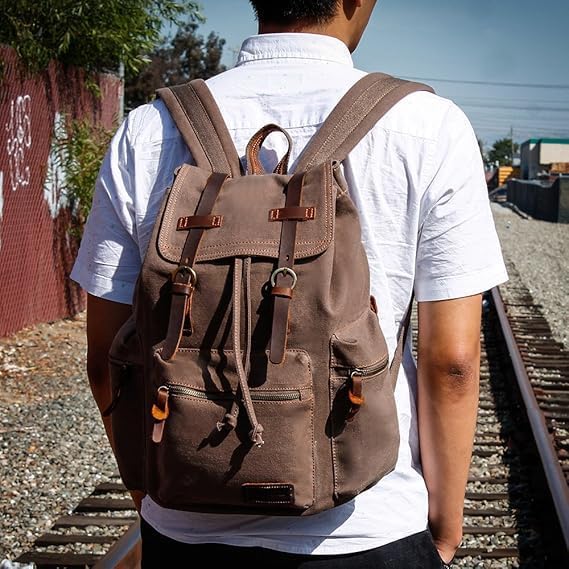 GEARONIC Vintage Canvas Backpack, Casual Daypack Backpacks for Men Women, 15inch Laptop Bag Travel Hiking Camping Rucksack