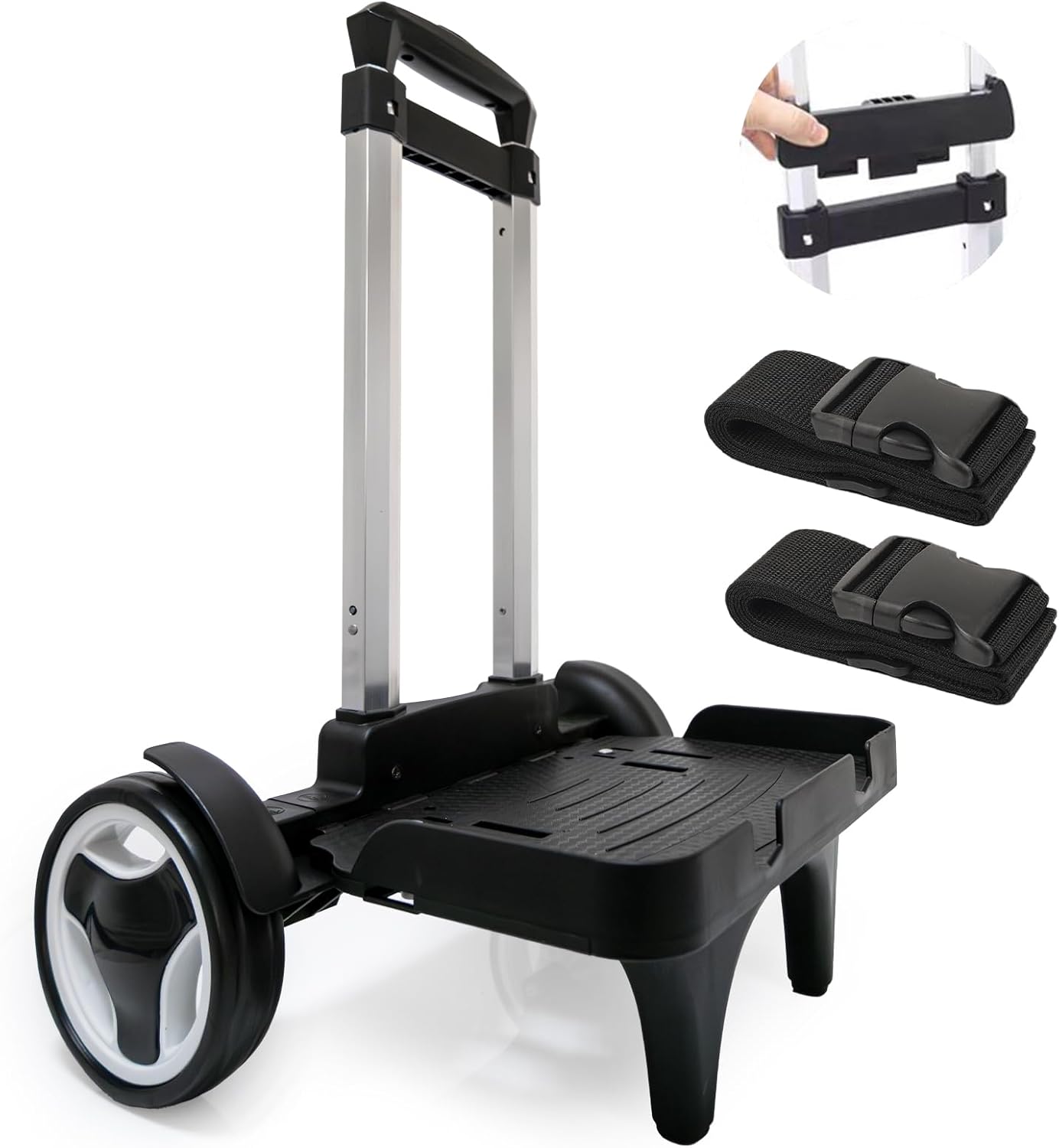 Backpack Trolley Cart with Stair-Climbing Wheels – Foldable Aluminum Frame, Adjustable Handle and 77 lbs Capacity – Quiet Large Wheels with Edge Guard – Black – Fits Travel Bags, Book Bags, Shopping