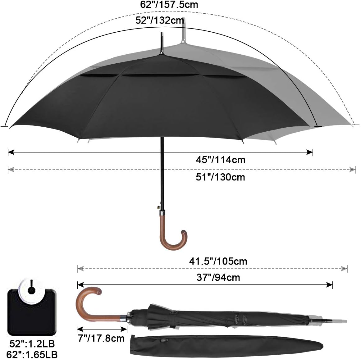 G4Free 52/62inch Wooden J Handle Golf Umbrella Windproof UV Protection Classic Stick Wedding Cane Umbrellas, Auto Open Cane Hook Handle