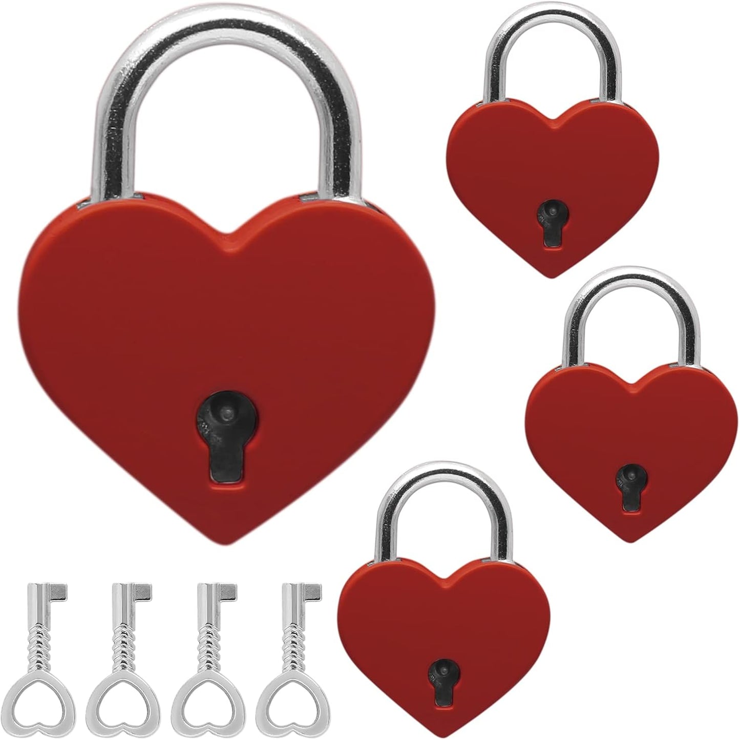 4 Pcs Red Padlocks Key Lock with Key, Mini Love Heart Head Luggage Locks, Modern Fashion Style
