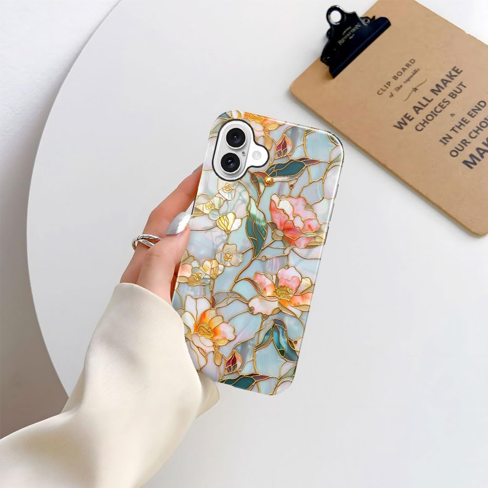 Case for iPhone 16 - Slim Fit Anti-Scratch Phone Case for Girl Women - Stained Glass Aesthetic Flowers (Glossy)