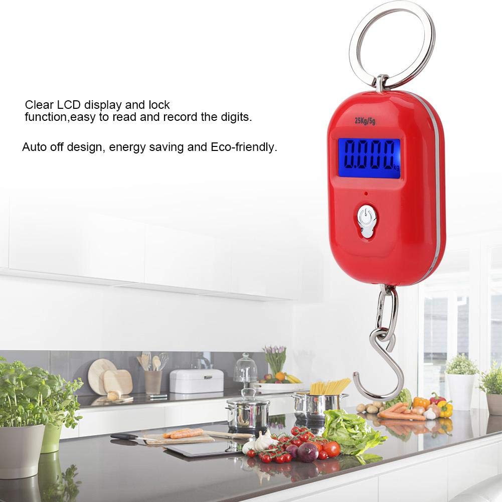 Mini Electronic Scale, Fish Weighing Scales Red Portable 25Kg/5G Hanging Scale Digital Pocket Key Chain Weight Hook Kitchen Food Weight Gauge Measuring Tools with Backlight for Home Farm Market