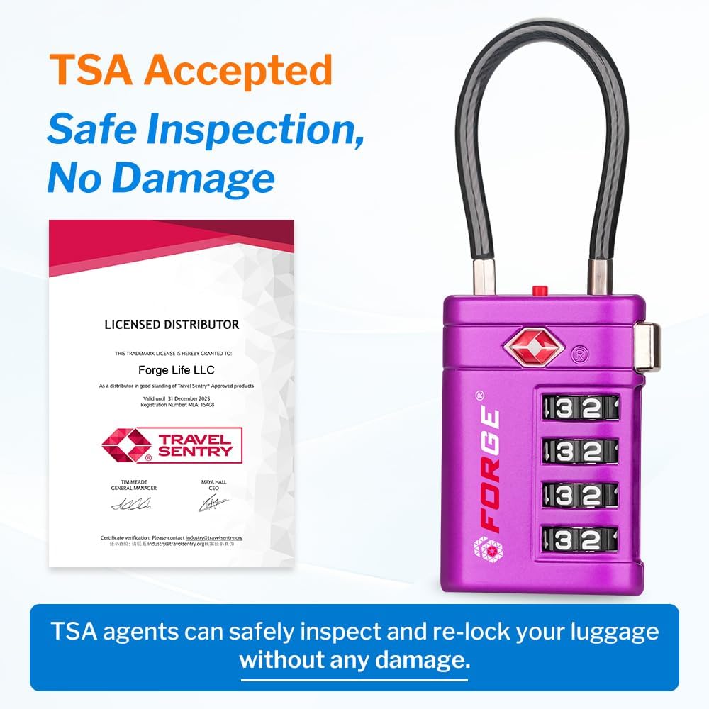 Forge TSA Approved Luggage Locks 4 Digit Combination TSA Travel Locks with TSA008, Open Alert Indicator, Zinc Alloy Body for Luggage, Suitcase, Backpack, and More. Purple 2 Locks.