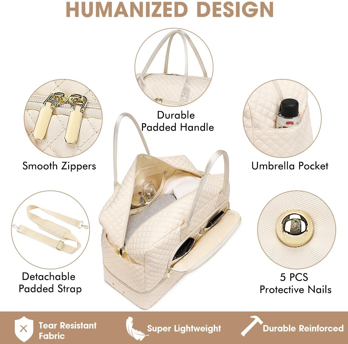 Weekender Overnight Bag Women: Large Travel Duffle Bag with Shoe Compartment & Wet Pocket Carry On Tote Bag Gym Duffel Bag with Toiletry Bag Bag for Hospital Beige