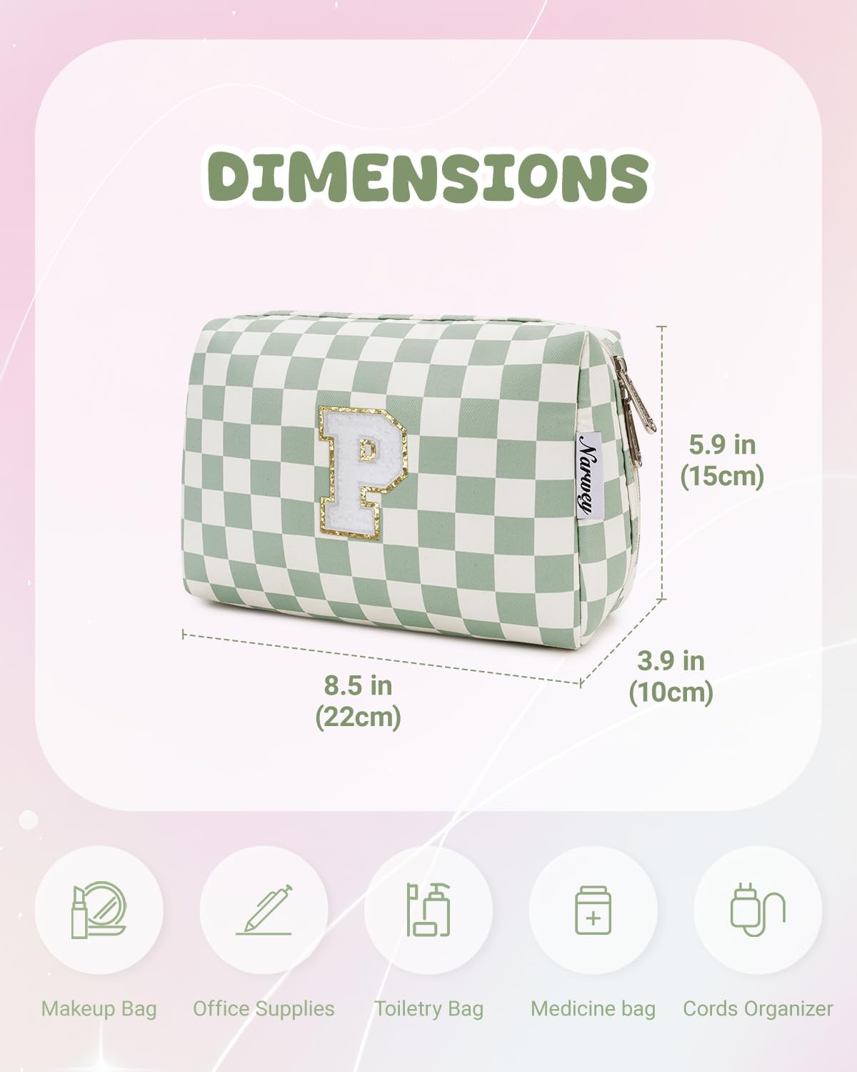Narwey Personalized Initial Makeup Bag Toiletry Bag Gifts for Women Girls Large Checkered Makeup Bag Zipper Pouch Travel Cosmetic Bag Organizer for Women (Mint Green Checkerboard Letter P)