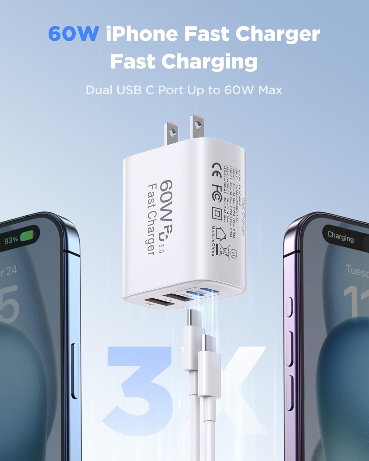 60W USB C Charger,2Pack 10FT iPhone 17 Pro Max Charger Fast Charging,4Port USB-A USB-C Fast Charging Block with 10ft USBC Cable Cord for Apple iPhone 17 Pro Max/17 Air/16Pro Max/15Plus/16/iPad,AirPods