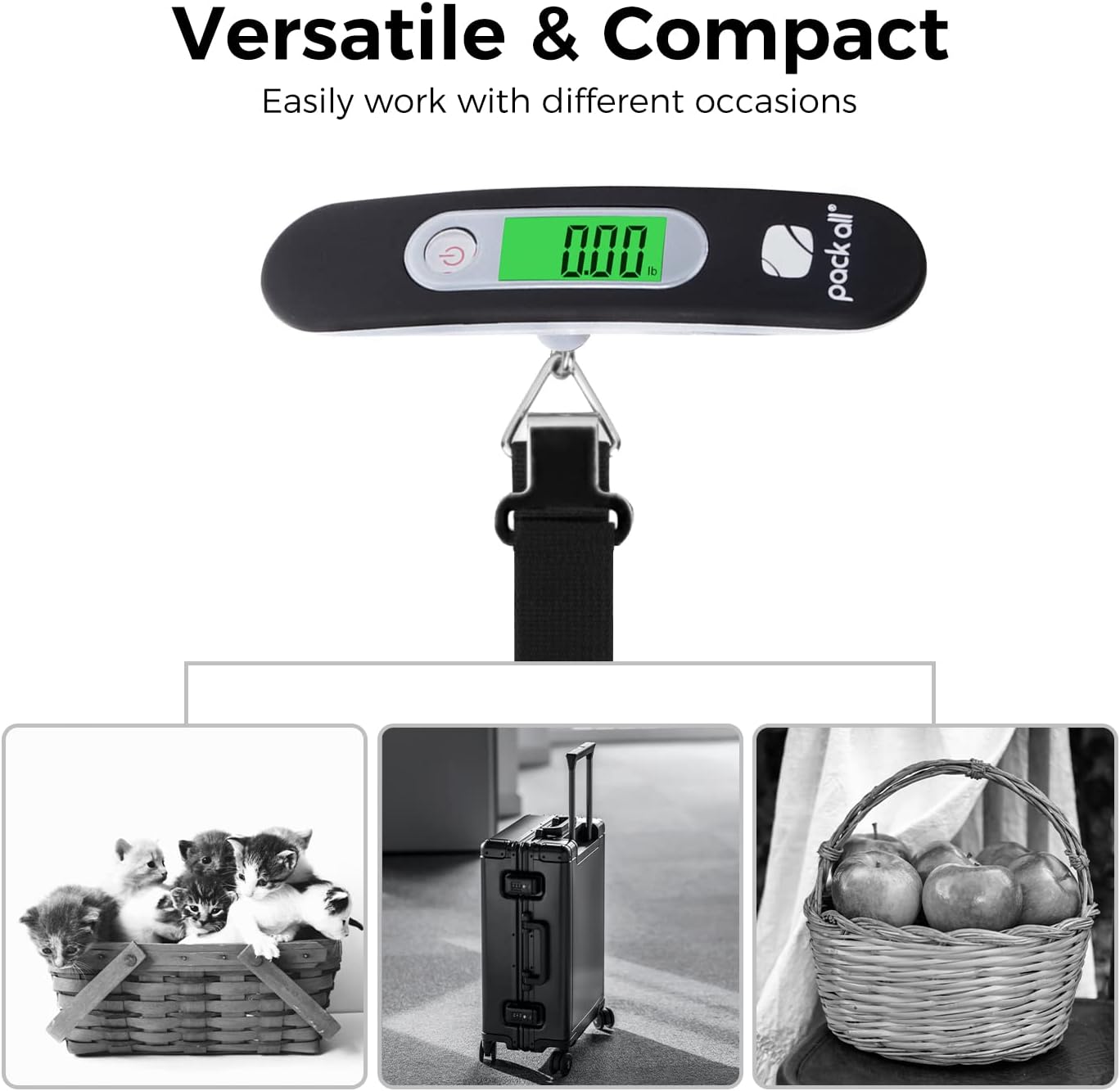 pack all 110 Lbs Luggage Scale, Digital Handheld Luggage Scale, Baggage Scale, Travel Weight Scale for Luggage with Backlit LCD Display, Battery Included, Black