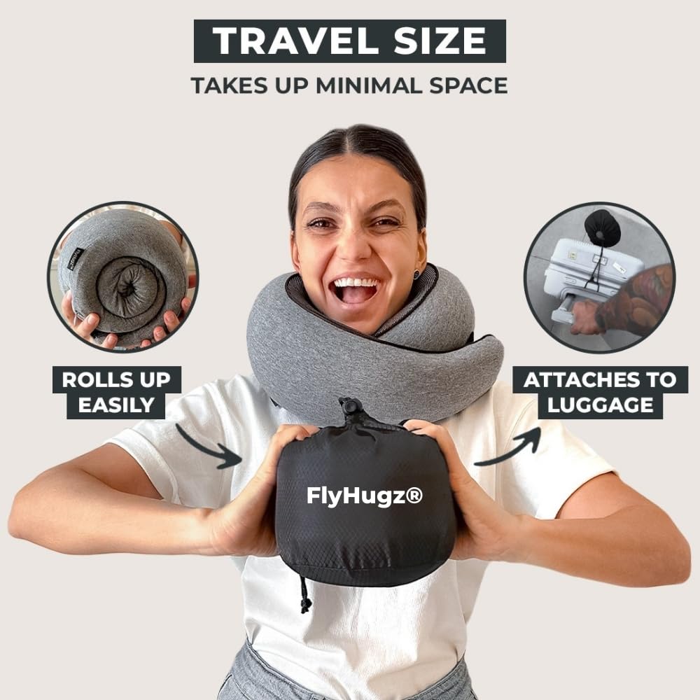 FlyHugz® Neck Travel Pillow Memory Foam Neck Pillow for Comfort on Airplane Compact and Ergonomic