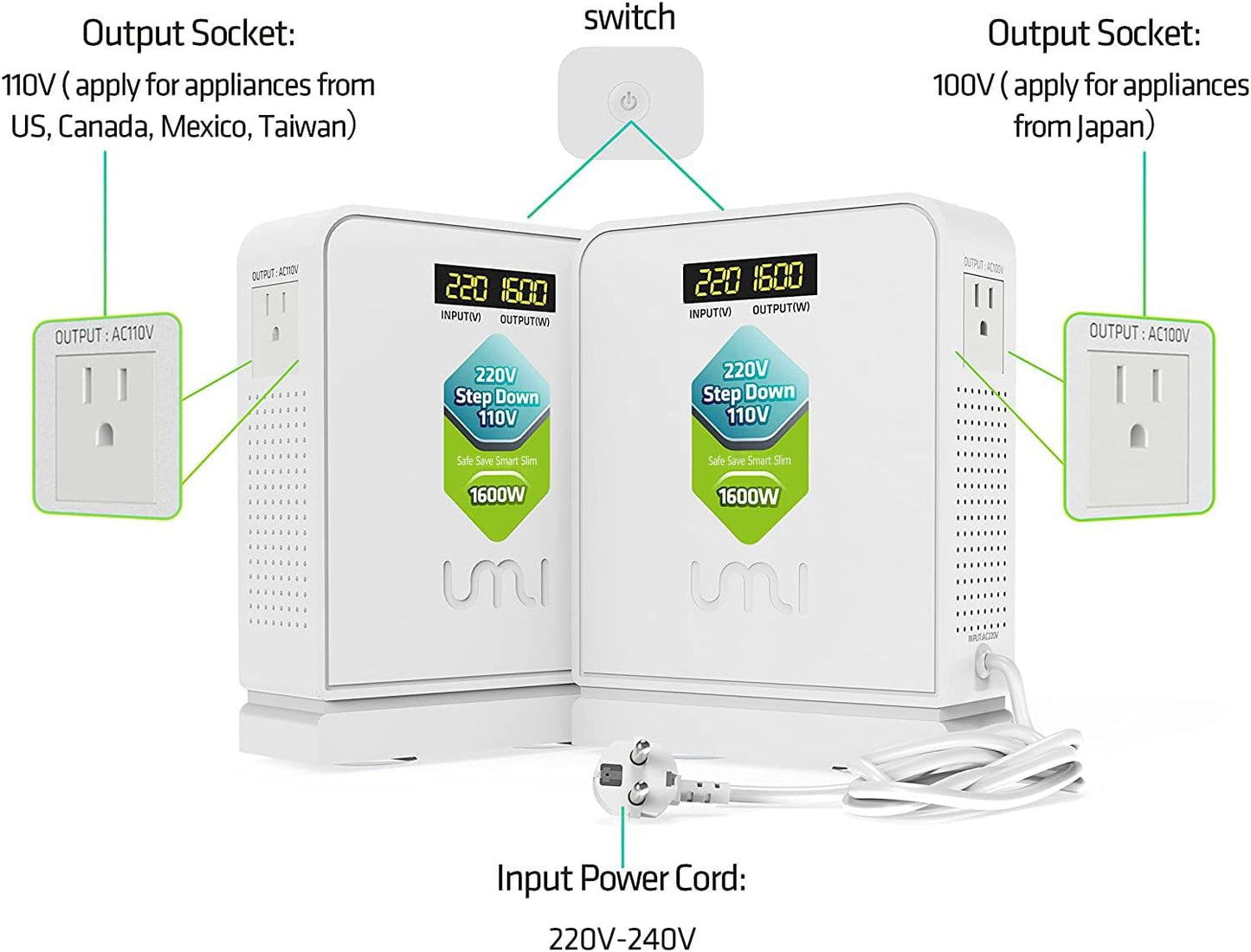 UMI 220V to 110V Voltage Power Converter Step Down Transformer 1600 Watts Capacity with 2 Output