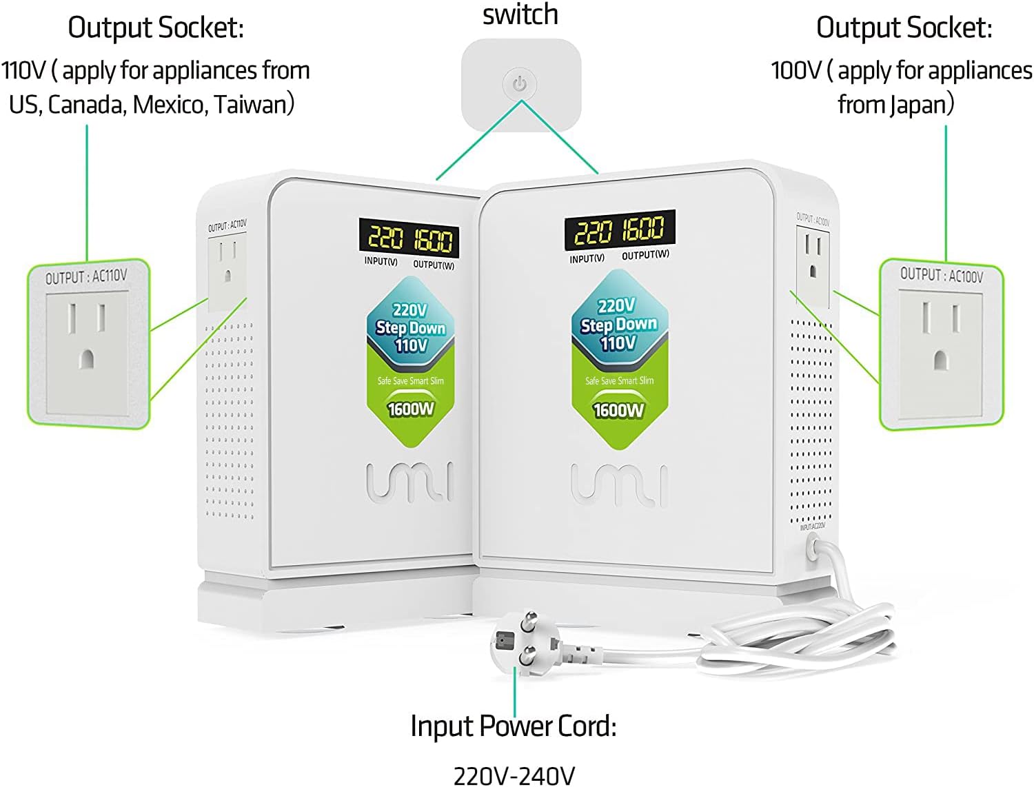 UMI 220V to 110V Voltage Power Converter Step Down Transformer 1600 Watts Capacity with 2 Output