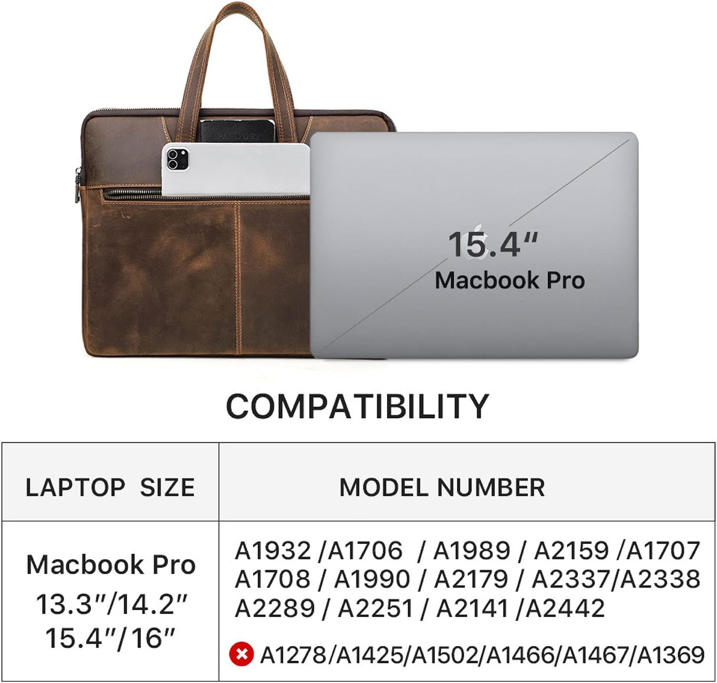 Top Grain Leather Text Customizable 15.4" Slim Laptop Briefcase Handbag, Vintage Handmade, Compatible with MacBook Pro/Air 13.3"/14.2"/15.4"/16" & Other Laptop/Tablet, Coffee 15.4 Inch
