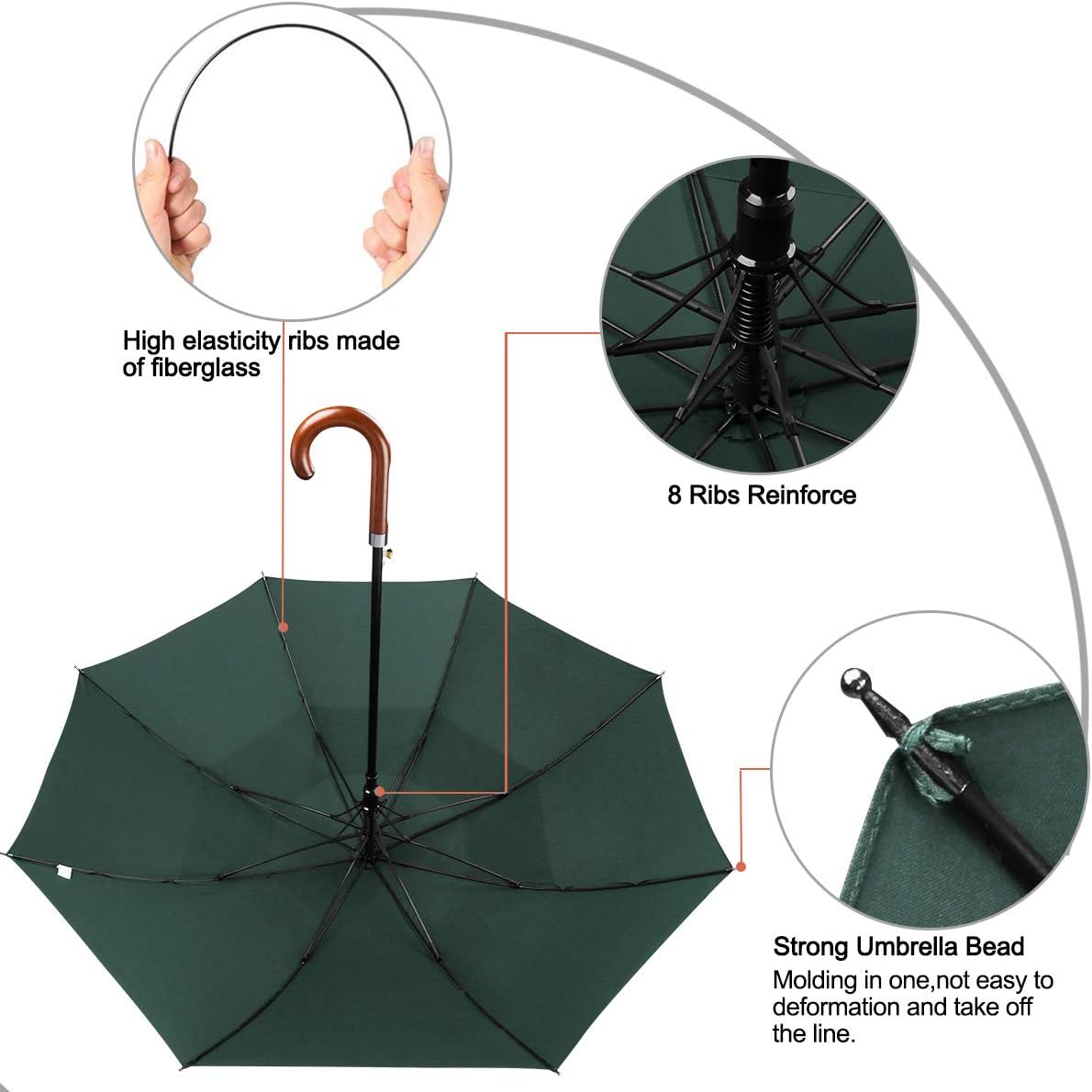 G4Free 52/62inch Wooden J Handle Golf Umbrella Windproof UV Protection Classic Stick Wedding Cane Umbrellas, Auto Open Cane Hook Handle