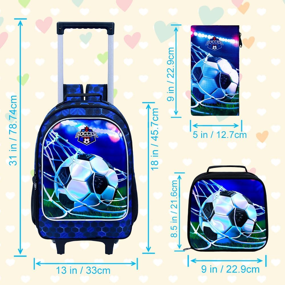 3PCS Rolling Backpack for Girls and Boys, Kids Roller Wheels Bookbag, Wheeled Elementary School Bag with Lunch Bag
