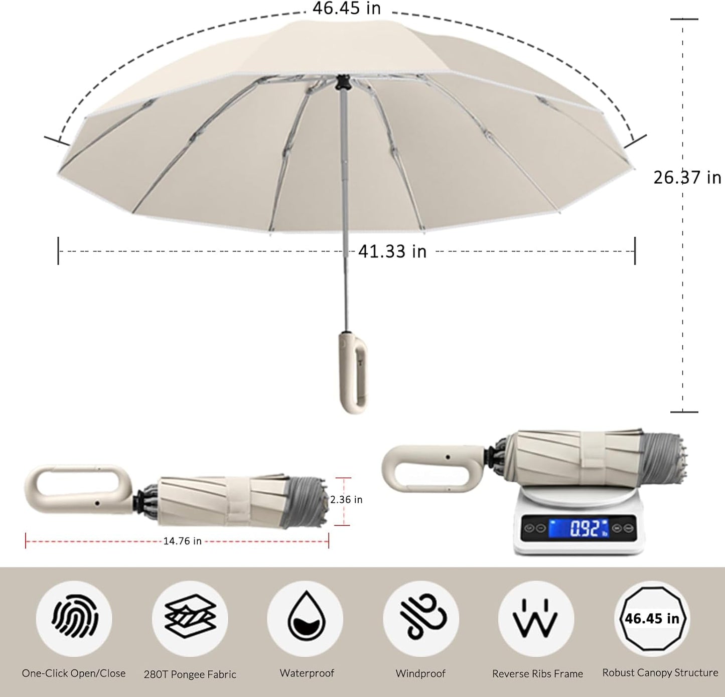 Automatic Travel Umbrella, Beige, Compact Folding Design with One-Touch Open, Lightweight Portable Protection for Rain