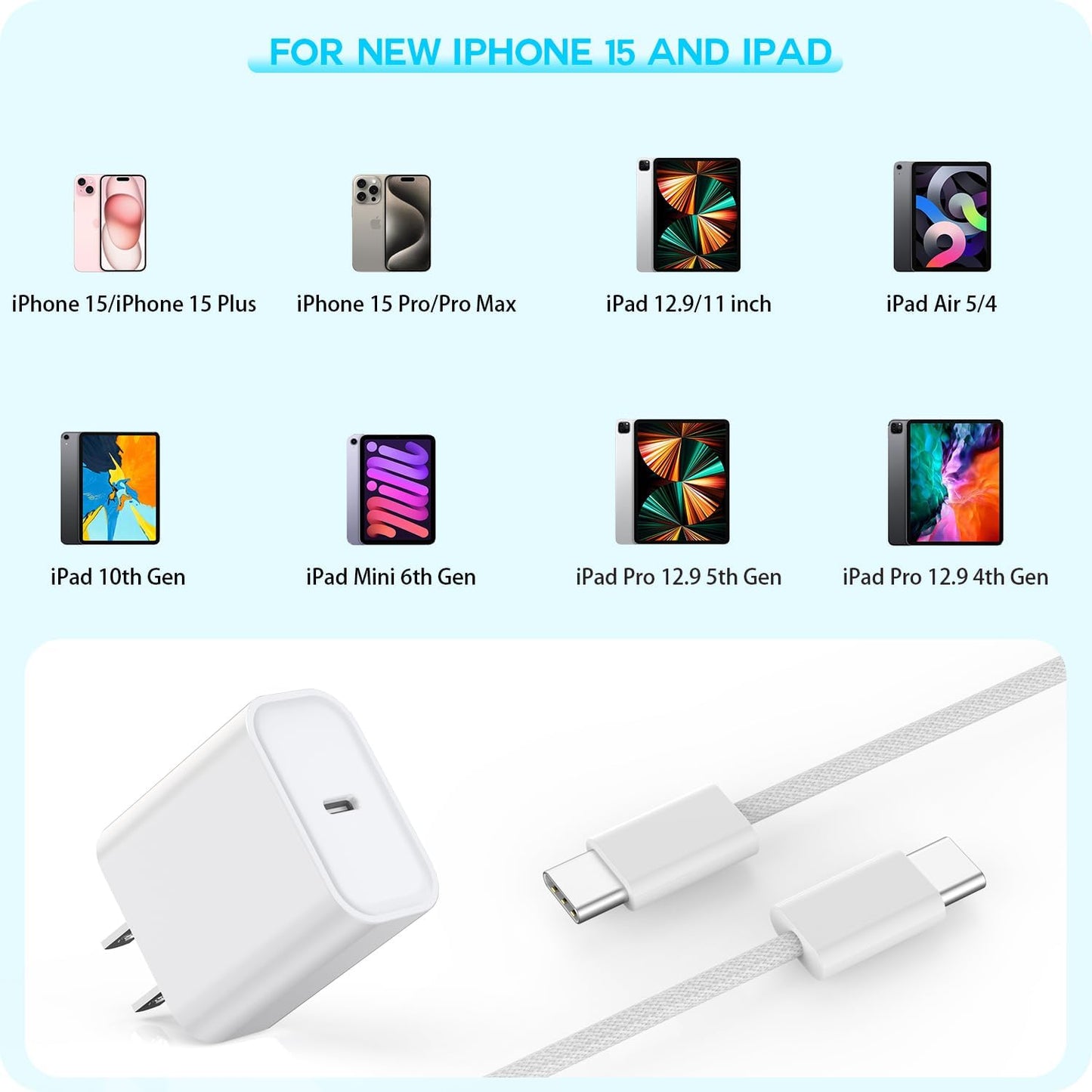 10FT Woven Cable for Apple 17 16 15, 60W 10Foot USB C to Type C Braided Charger Cable Cord & 20W USB C Charger Block Cube Travel Plug Super Quick Charging for iPhone 17 16 15/Plus/Pro/Pro Max,iPad Pro