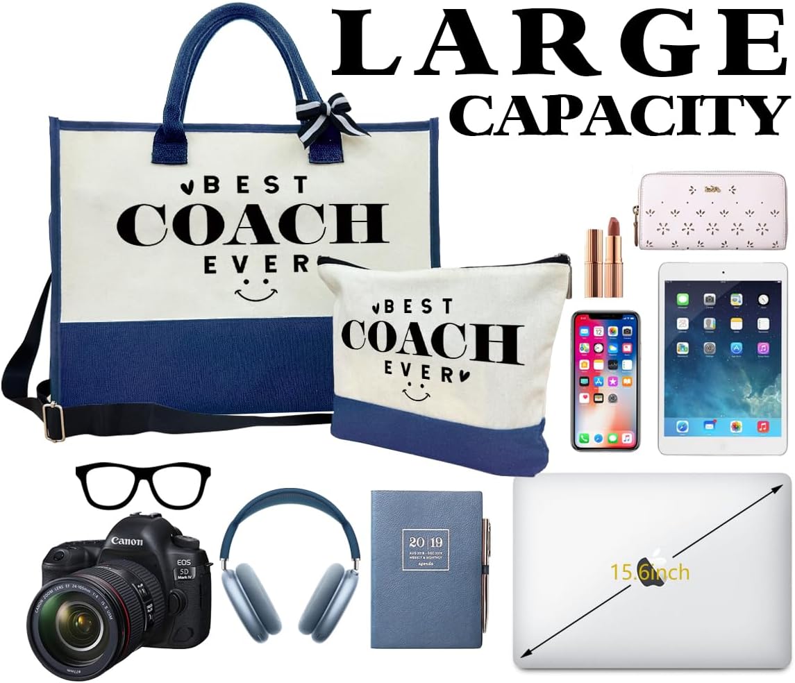 SUSZDOU Gifts for Best Coach Ever - Canvas Beach Tote Bag with Matching Makeup Pouch, Durable Travel Gym Camping Bag, Thank You Gift for Sports Coach, Female Trainers Gifts for Women C1